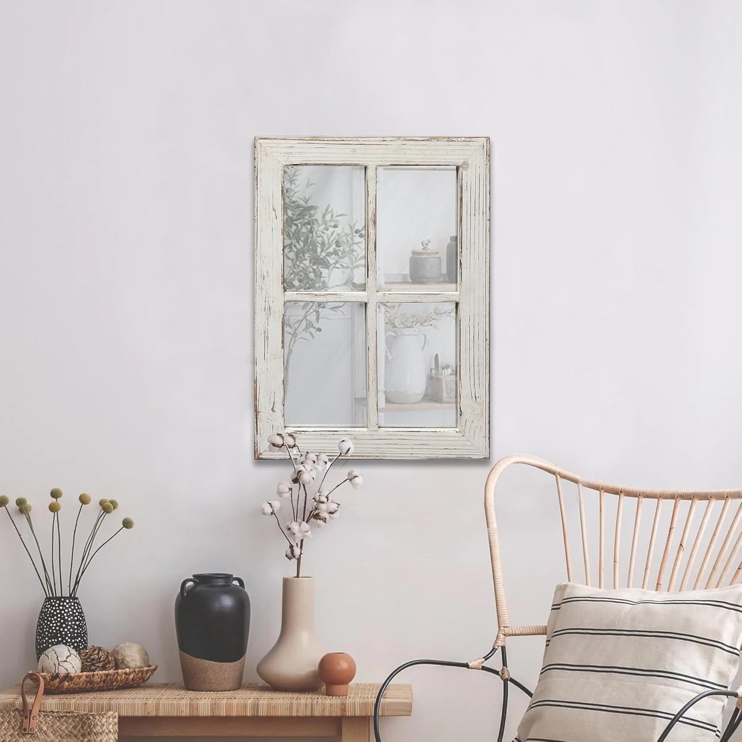 Rustic Small Window Pane Mirror Wall Decor 11" x 16" | Handmade Distressed White, Hanging Farmhouse Rectangle Wood Frame Decorative Mirrors for Living Room Bedroom Christmas