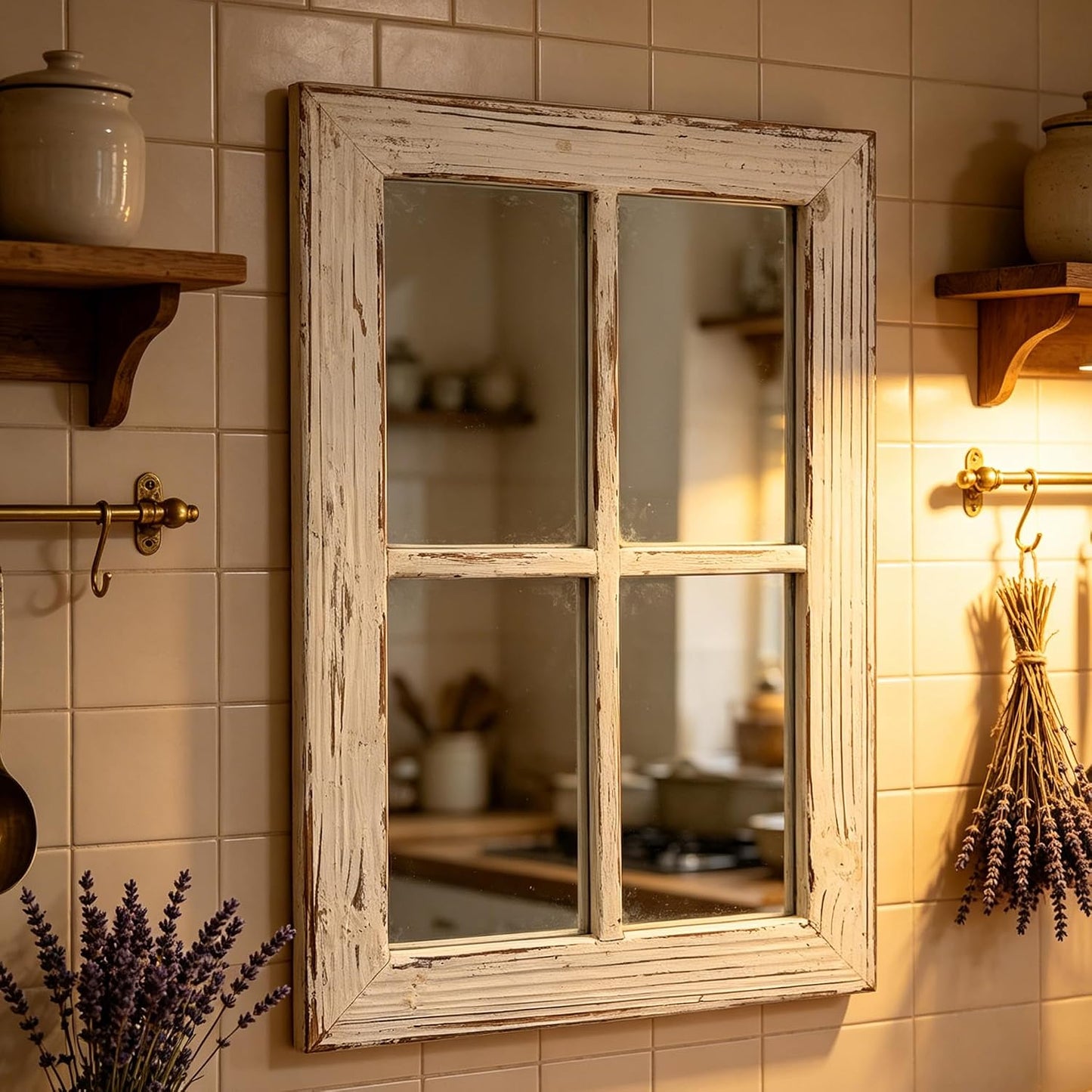 Rustic Small Window Pane Mirror Wall Decor 11" x 16" | Handmade Distressed White, Hanging Farmhouse Rectangle Wood Frame Decorative Mirrors for Living Room Bedroom Christmas