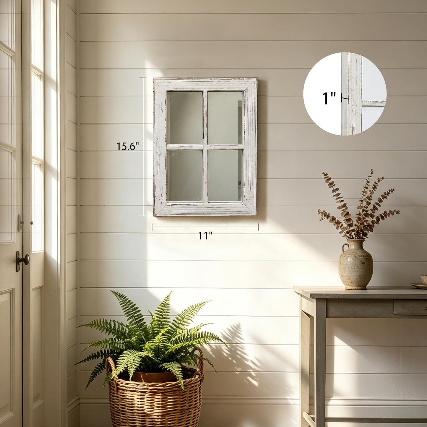Rustic Small Window Pane Mirror Wall Decor 11" x 16" | Handmade Distressed White, Hanging Farmhouse Rectangle Wood Frame Decorative Mirrors for Living Room Bedroom Christmas