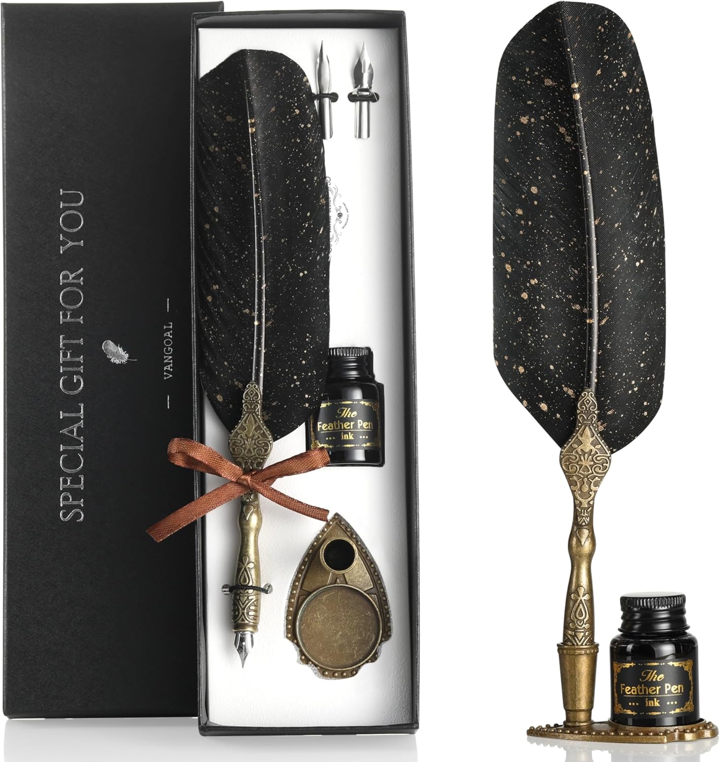 Vintage Black Goose Quill Feather Pen and Ink Set, With Carving Stand, Calligraphy Nibs, Black Dip Ink