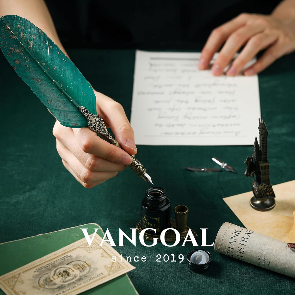 Vintage Black Goose Quill Feather Pen and Ink Set, With Carving Stand, Calligraphy Nibs, Black Dip Ink