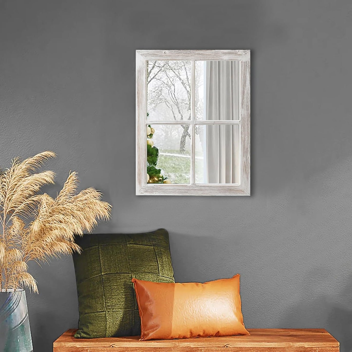 Rustic Small Window Pane Mirror Wall Decor 11" x 16" | Handmade Distressed White, Hanging Farmhouse Rectangle Wood Frame Decorative Mirrors for Living Room Bedroom Christmas