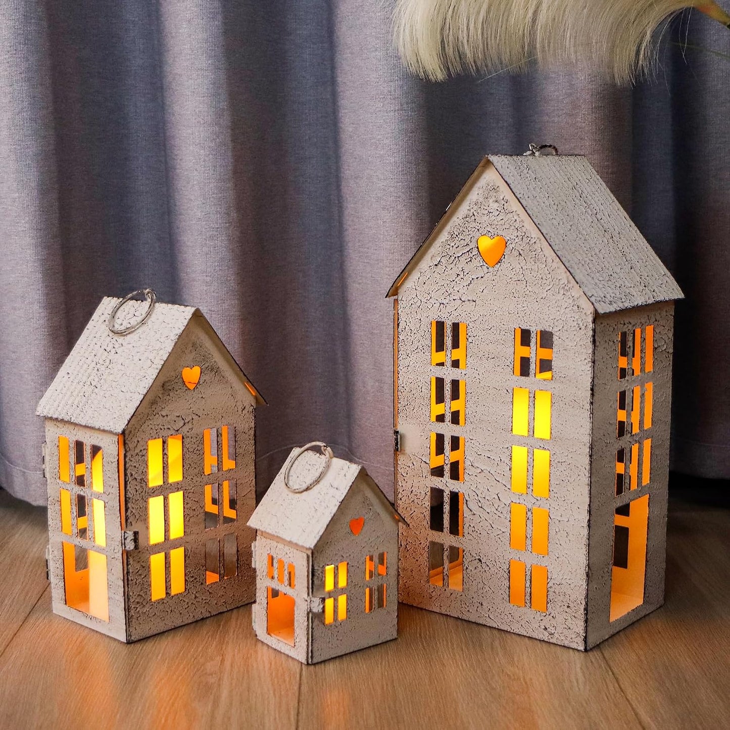 TRIROCKS 3 Pcs Decorative Mantel Shelf Tea Light Lanterns 13.5"&9.5"&5.5"H Village Farmhouse House Candle Holders for Home Decor Patio Wedding Parties Christmas Ornaments Indoors Outdoors(Cream White)