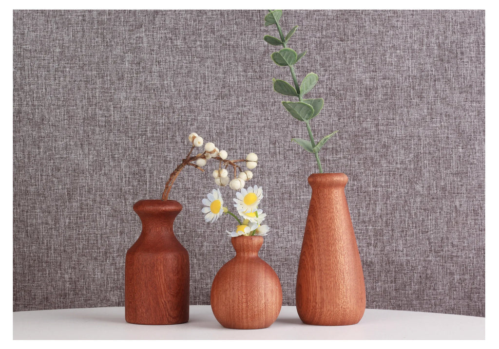 Wooden Flower Vase With Solid Wood Flowers