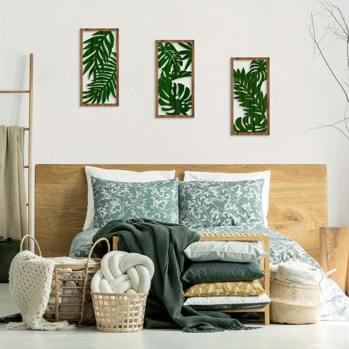 Set of 3 Hollow Carved Wood Leaf Hanging Panels