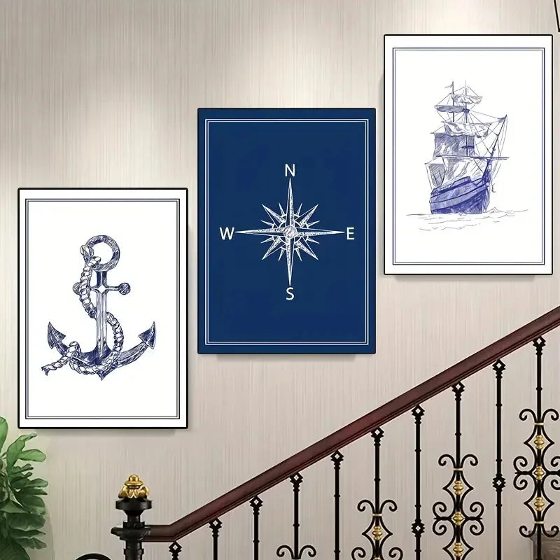 Lighthouse, Anchor & Compass Canvas Wall Art Set