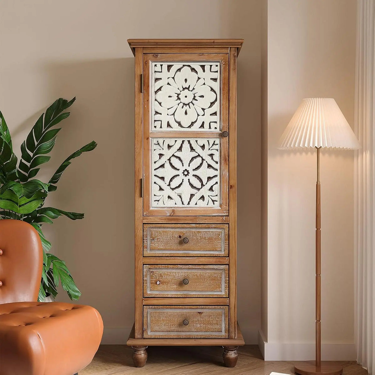 Farmhouse Storage Cabinet & Sideboard with Carved Doors & Shelves