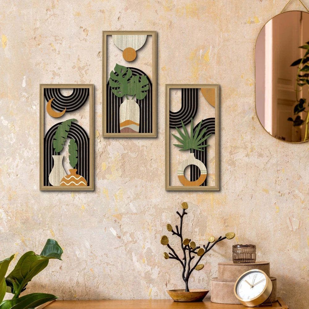 Set of 3 Hollow Carved Wood Leaf Hanging Panels