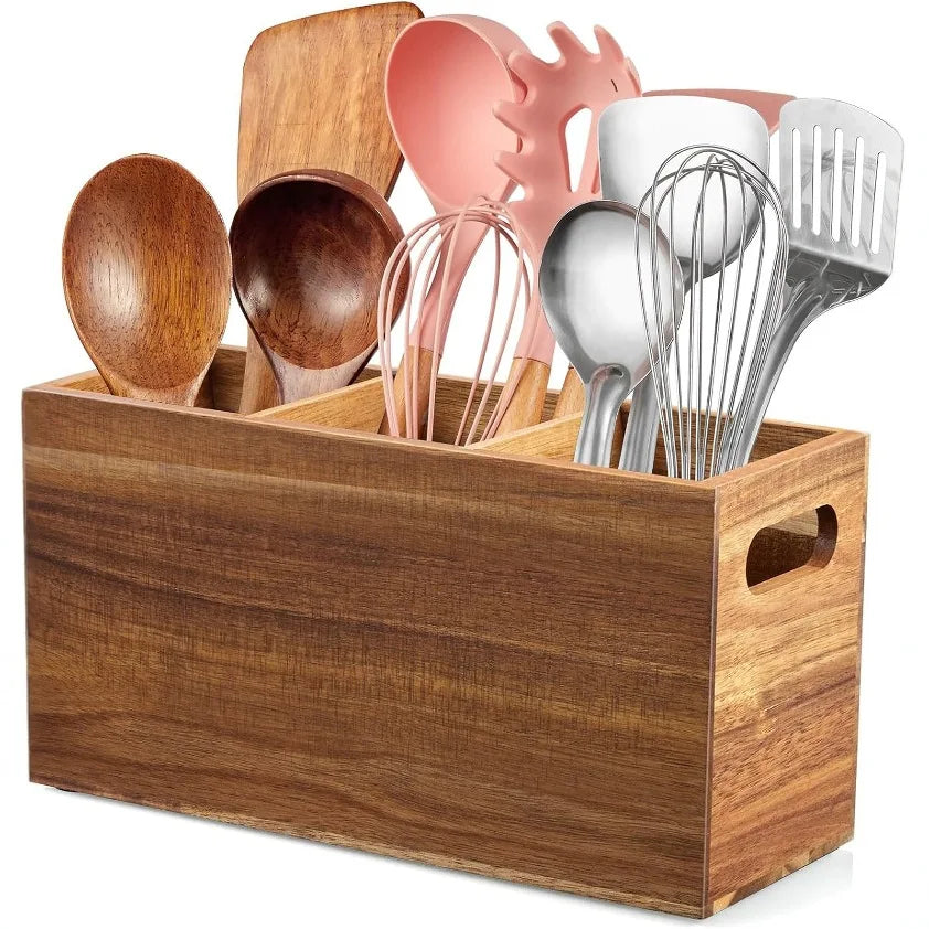 Wooden Utensil & Cutlery Countertop Organizer | 3 Adjustable Compartments