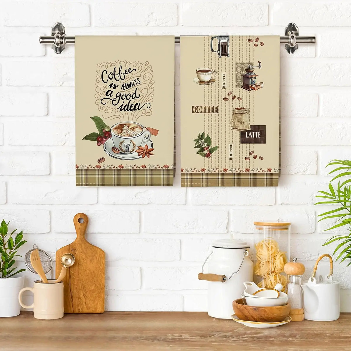 Plaid Coffee Kitchen Towels, Set of 4