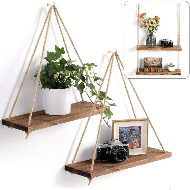 Wooden Swing Hanging Hemp Rope Shelve