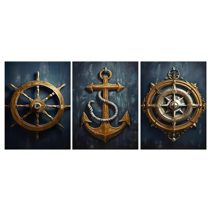 Lighthouse, Anchor & Compass Canvas Wall Art Set