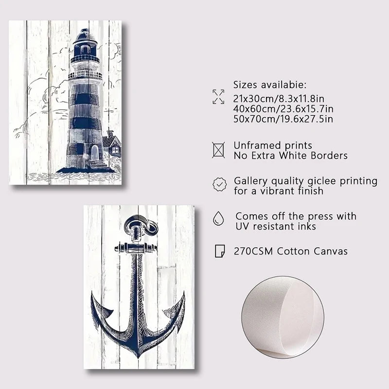 Lighthouse, Anchor & Compass Canvas Wall Art Set
