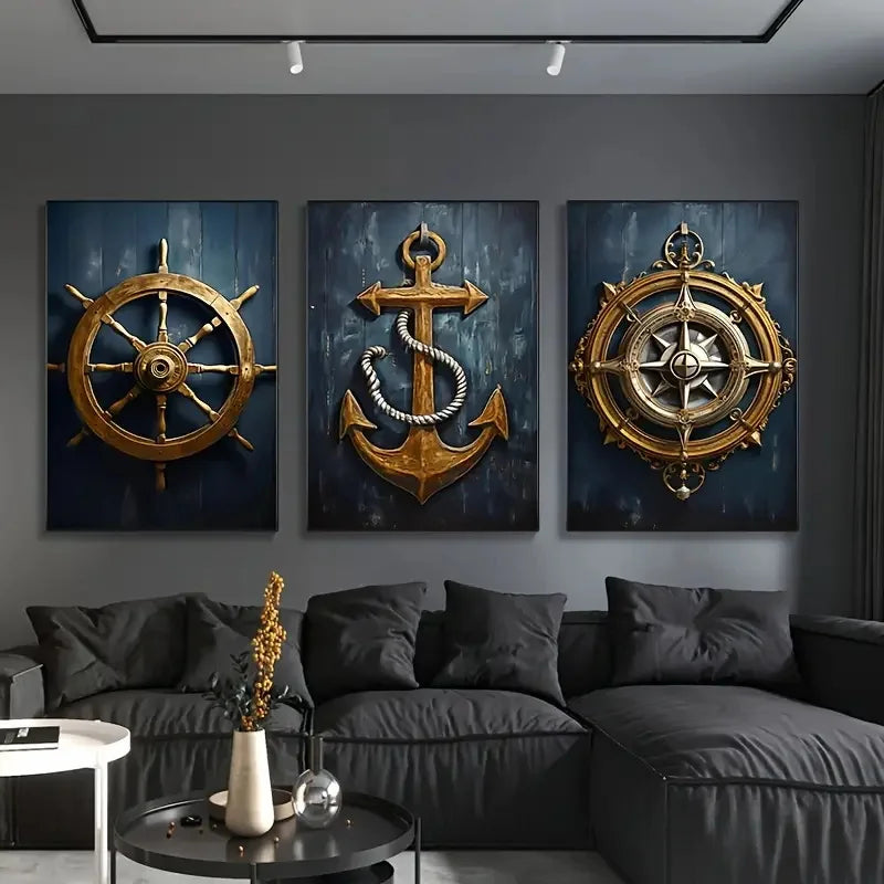 Lighthouse, Anchor & Compass Canvas Wall Art Set
