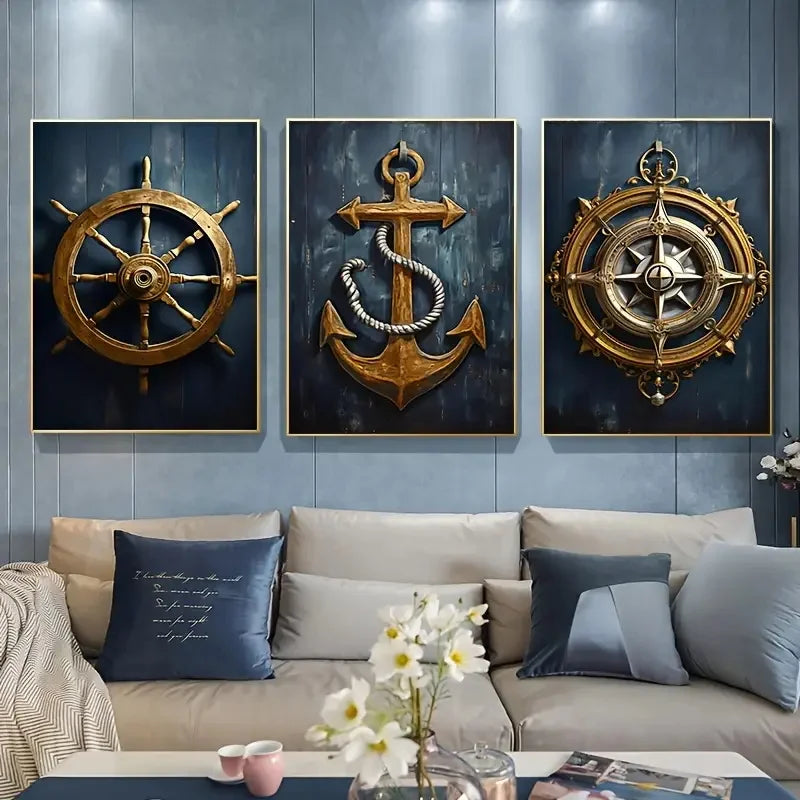 Lighthouse, Anchor & Compass Canvas Wall Art Set