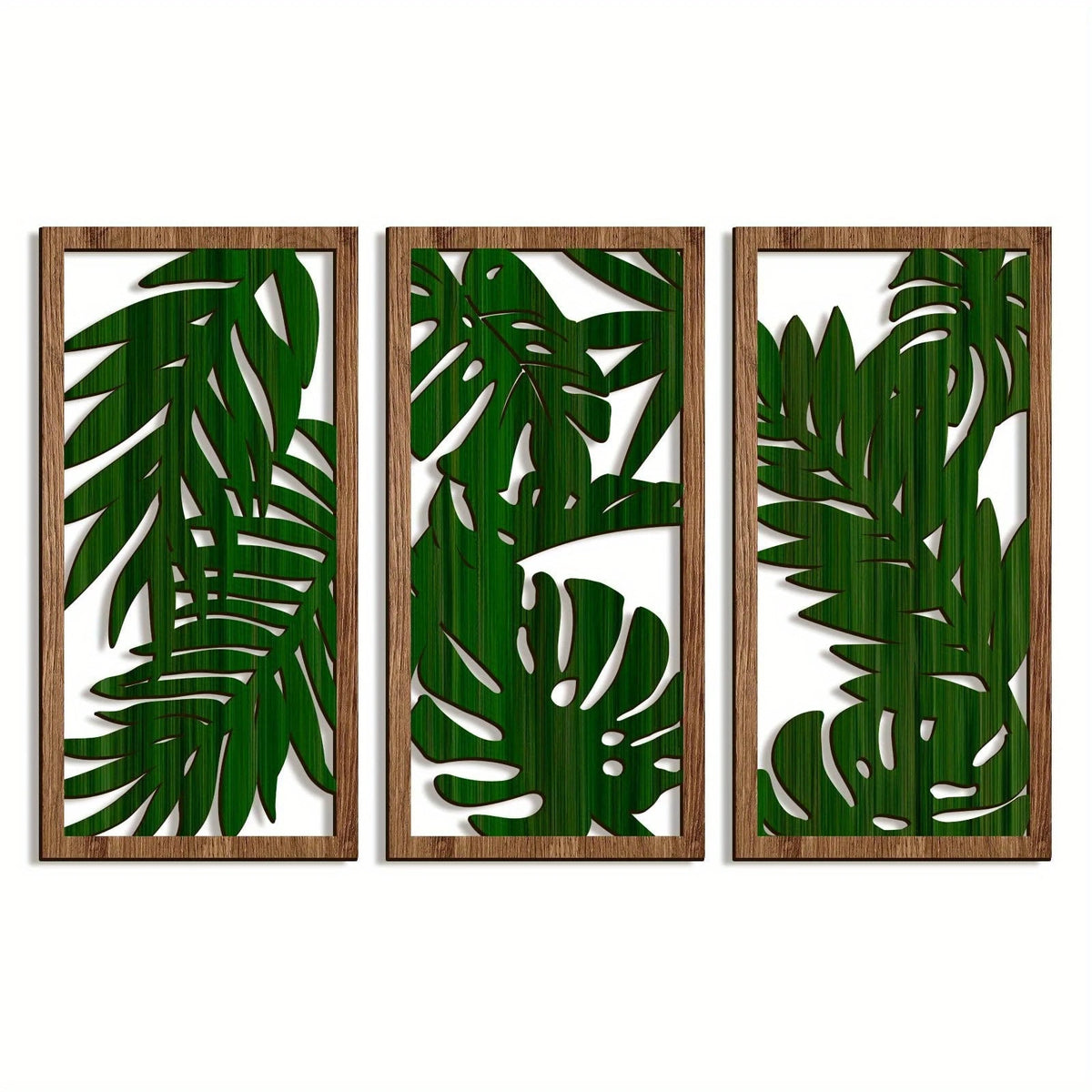 Set of 3 Hollow Carved Wood Leaf Hanging Panels
