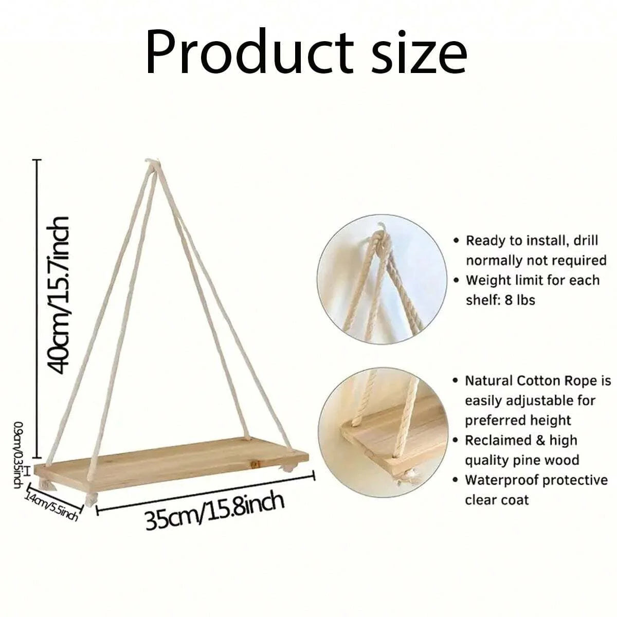 Wooden Swing Hanging Hemp Rope Shelve