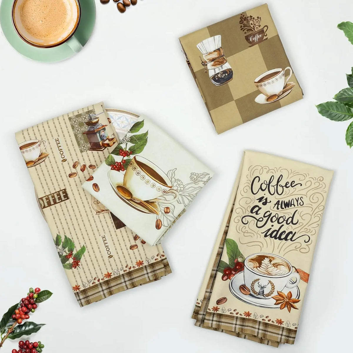 Plaid Coffee Kitchen Towels, Set of 4