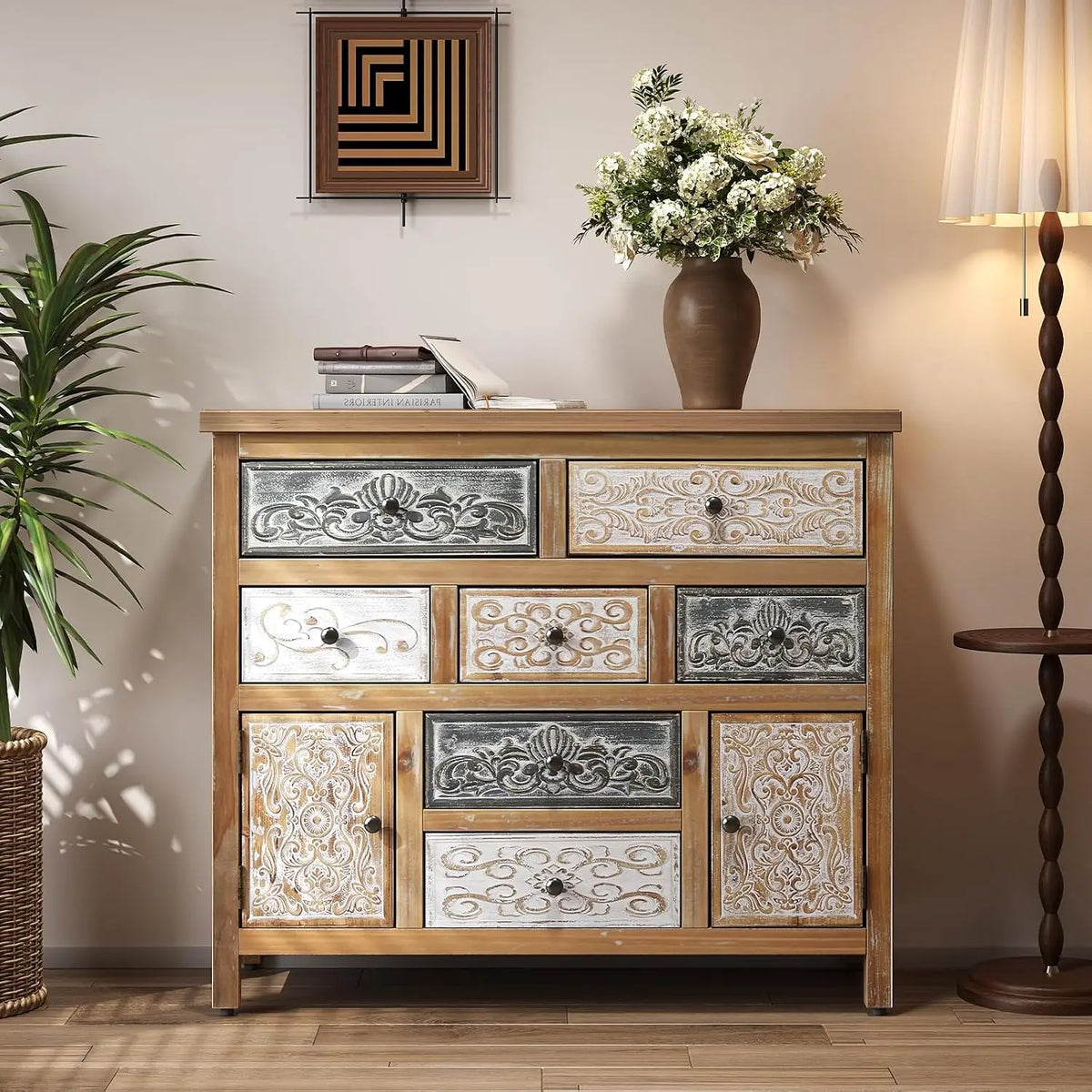 Farmhouse Storage Cabinet & Sideboard with Carved Doors & Shelves