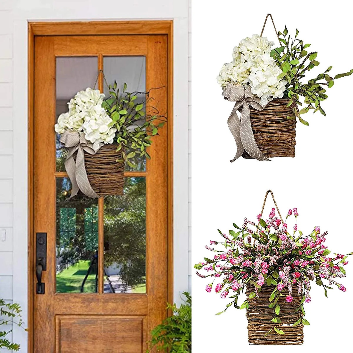 Spring Wildflower Door Basket Wreath | Farmhouse Cottage Garland