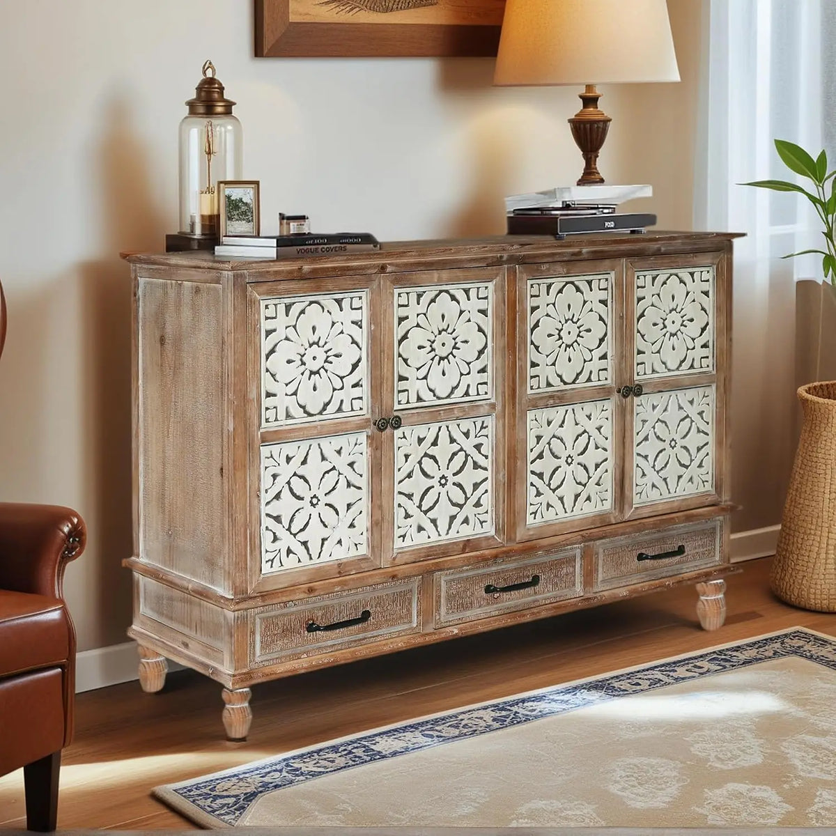 Farmhouse Storage Cabinet & Sideboard with Carved Doors & Shelves