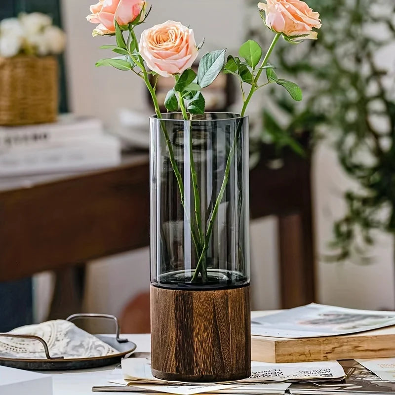 Elegant Glass Vase with Wooden Base