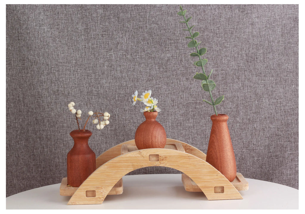 Wooden Flower Vase With Solid Wood Flowers