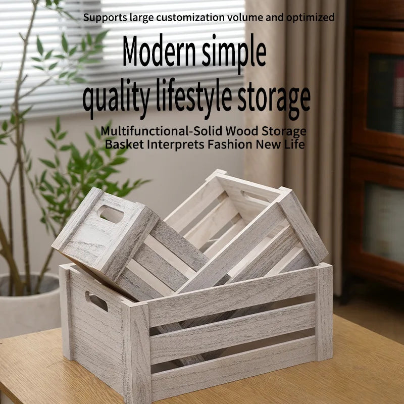 Retro Solid Wood Storage Basket Set