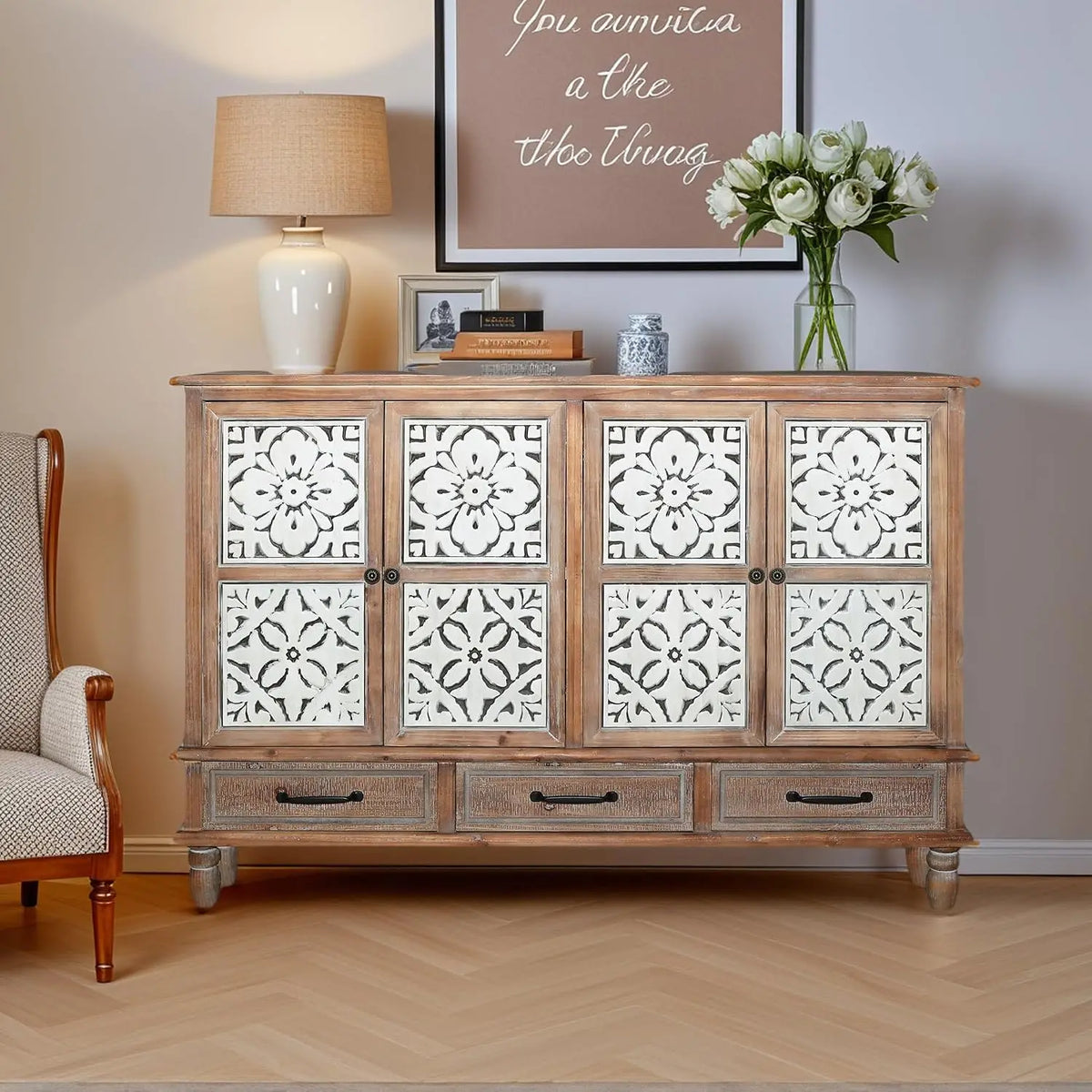 Farmhouse Storage Cabinet & Sideboard with Carved Doors & Shelves