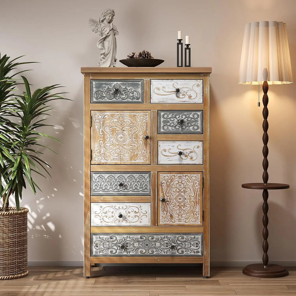 Farmhouse Storage Cabinet & Sideboard with Carved Doors & Shelves