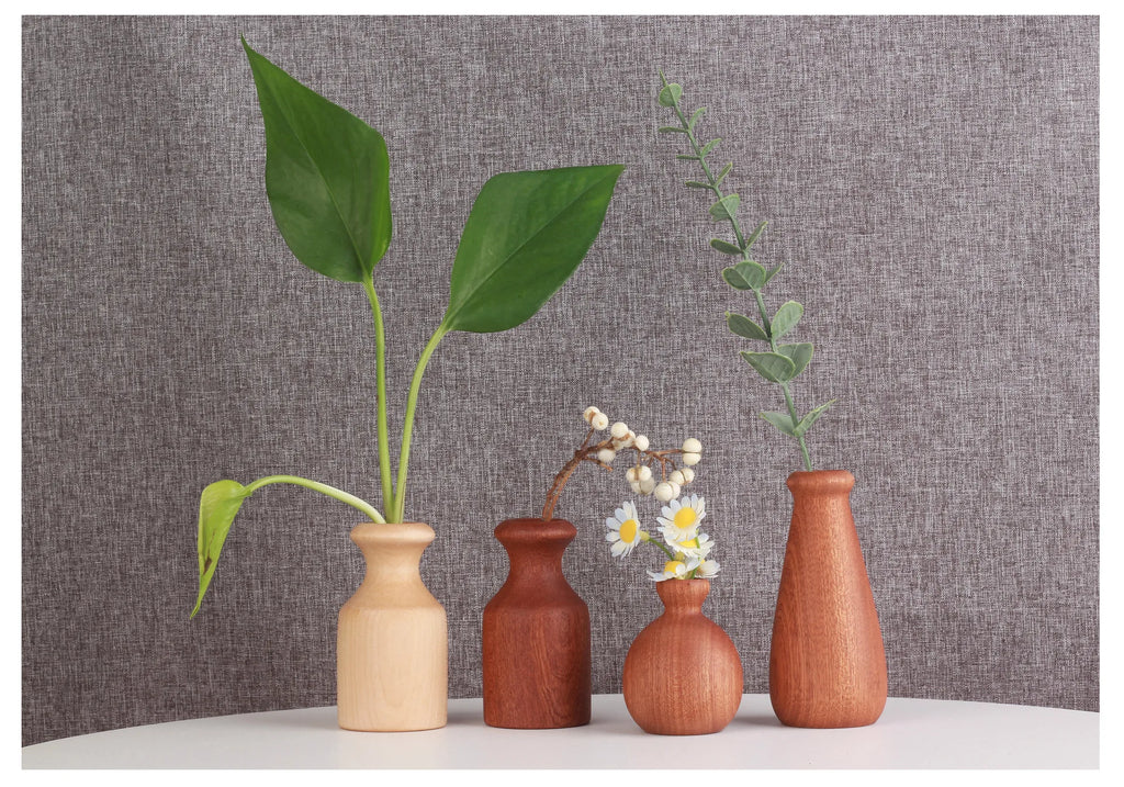 Wooden Flower Vase With Solid Wood Flowers
