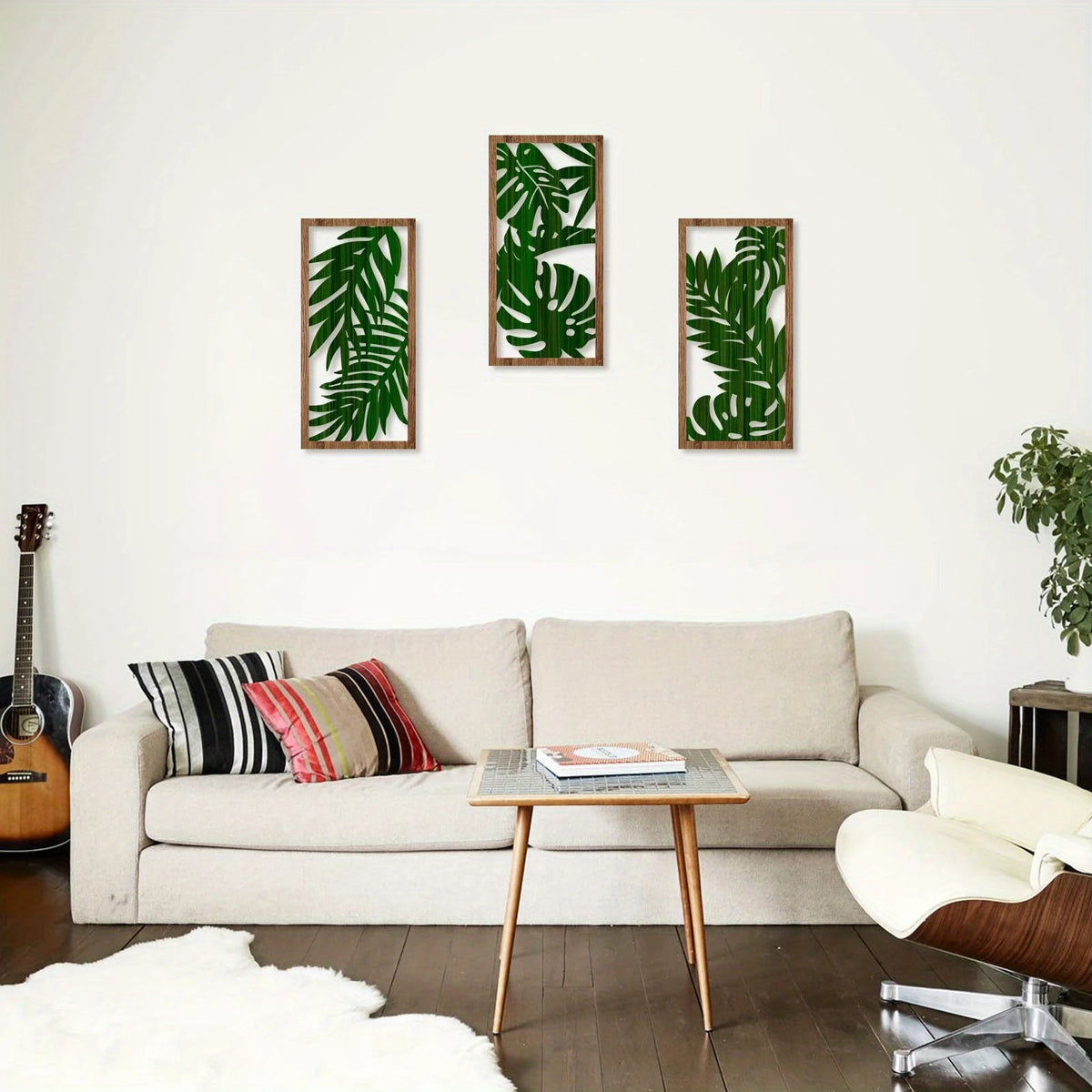 Set of 3 Hollow Carved Wood Leaf Hanging Panels