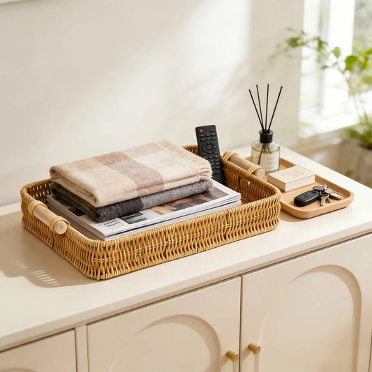 Wicker Tray with Wooden Handles