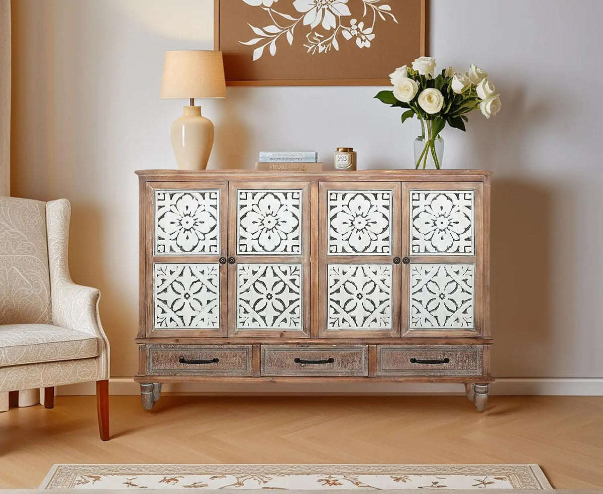 Farmhouse Storage Cabinet & Sideboard with Carved Doors & Shelves