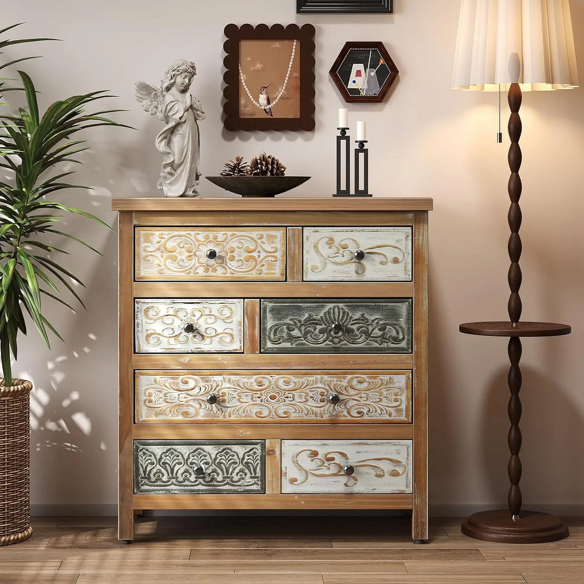 Farmhouse Storage Cabinet & Sideboard with Carved Doors & Shelves
