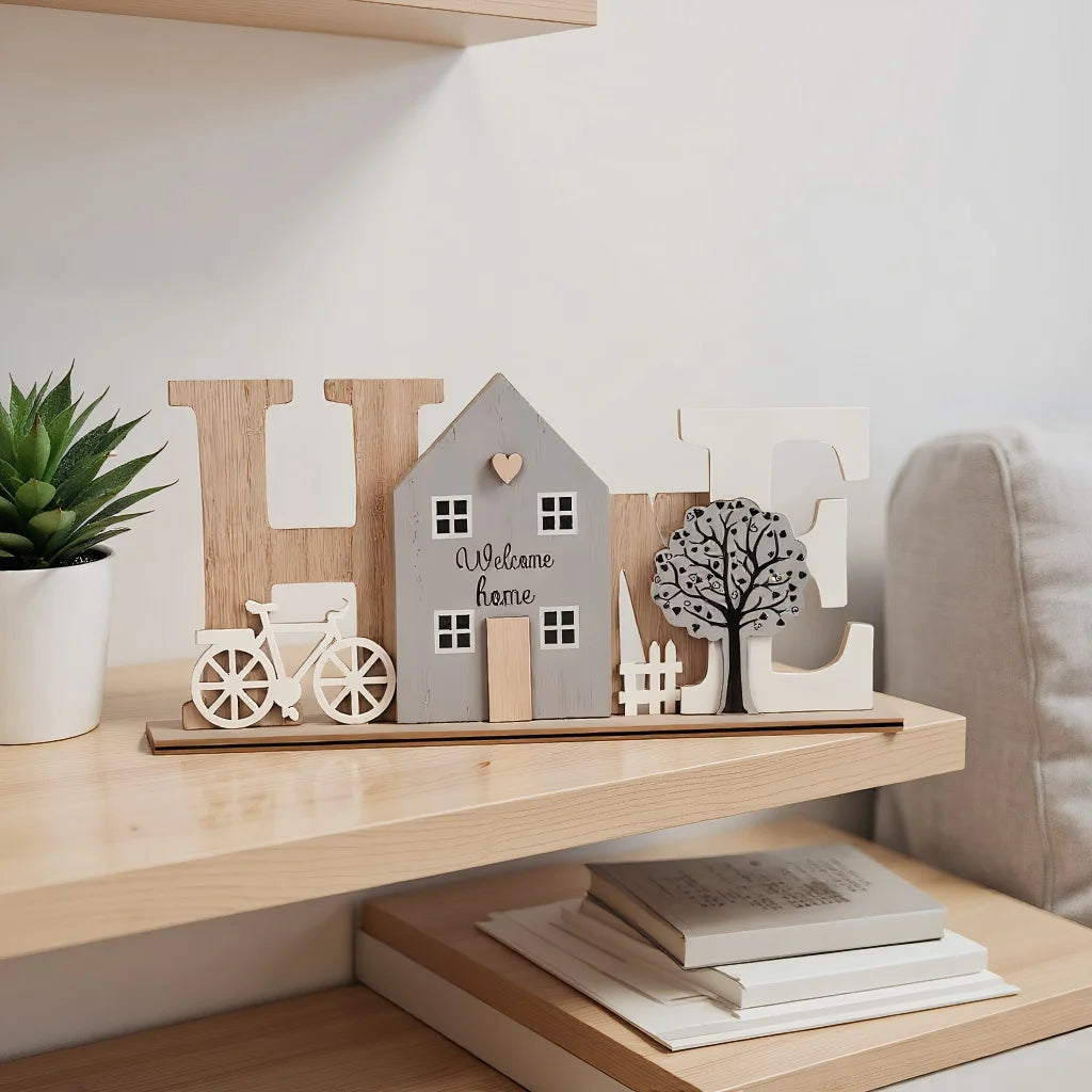 Wooden HOME Ornament with Cute House Bicycle & Tree