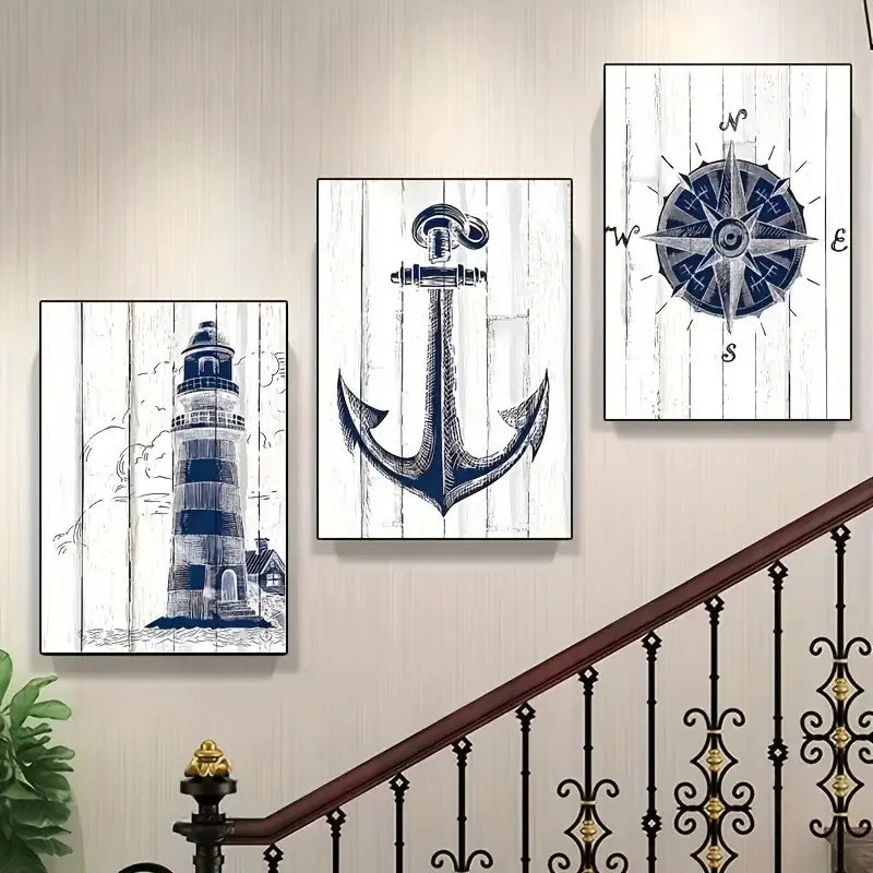 Lighthouse, Anchor & Compass Canvas Wall Art Set