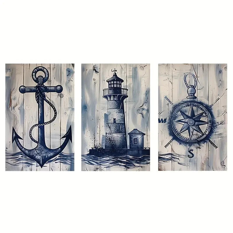 Lighthouse, Anchor & Compass Canvas Wall Art Set