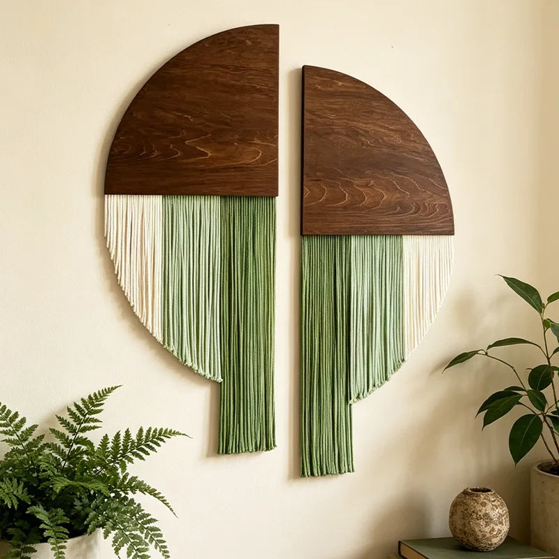 Hand Woven Cotton Macrame Wall Hanging with Wooden Stick Tassel