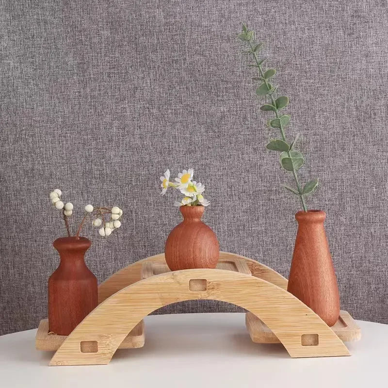 Wooden Flower Vase With Solid Wood Flowers