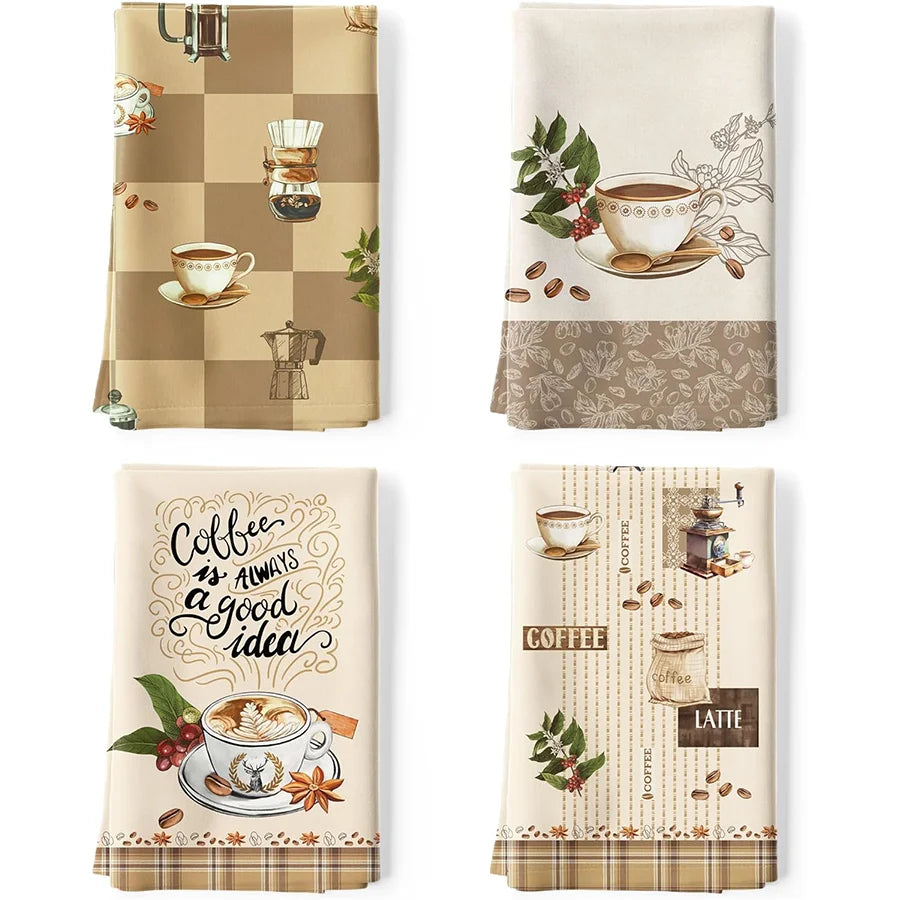 Plaid Coffee Kitchen Towels, Set of 4