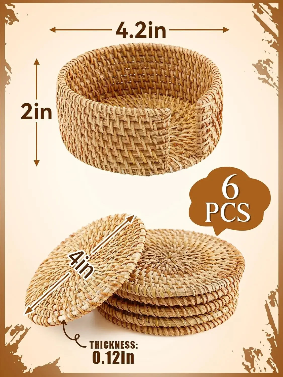 Handwoven Rattan Coasters, Set of 6