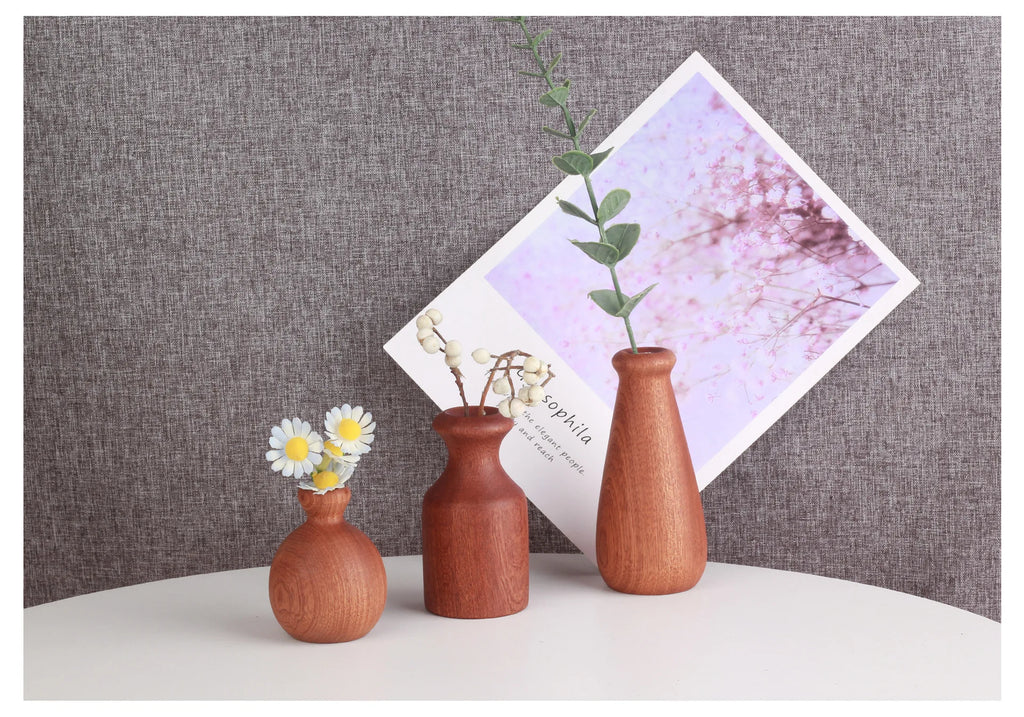 Wooden Flower Vase With Solid Wood Flowers