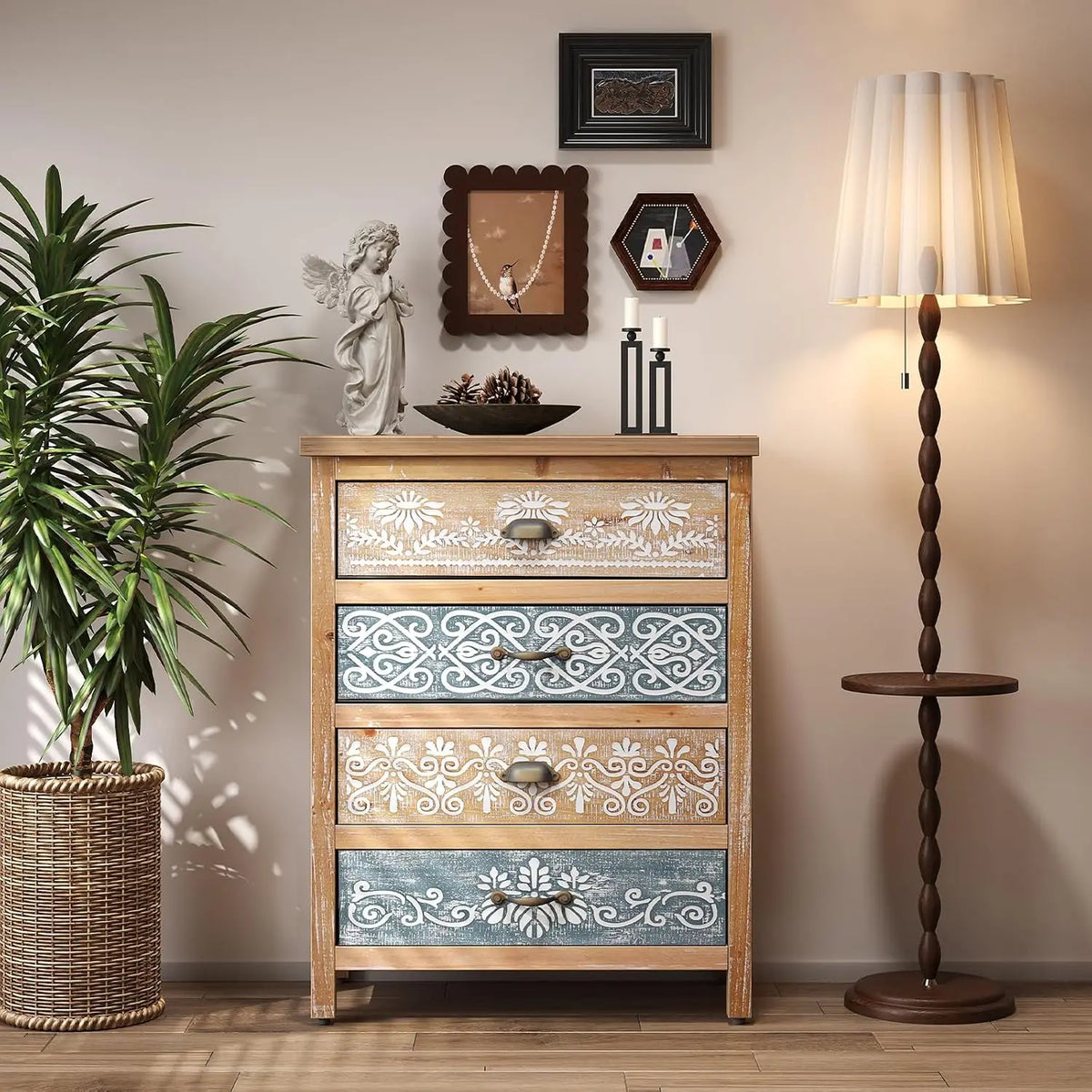Farmhouse Storage Cabinet & Sideboard with Carved Doors & Shelves