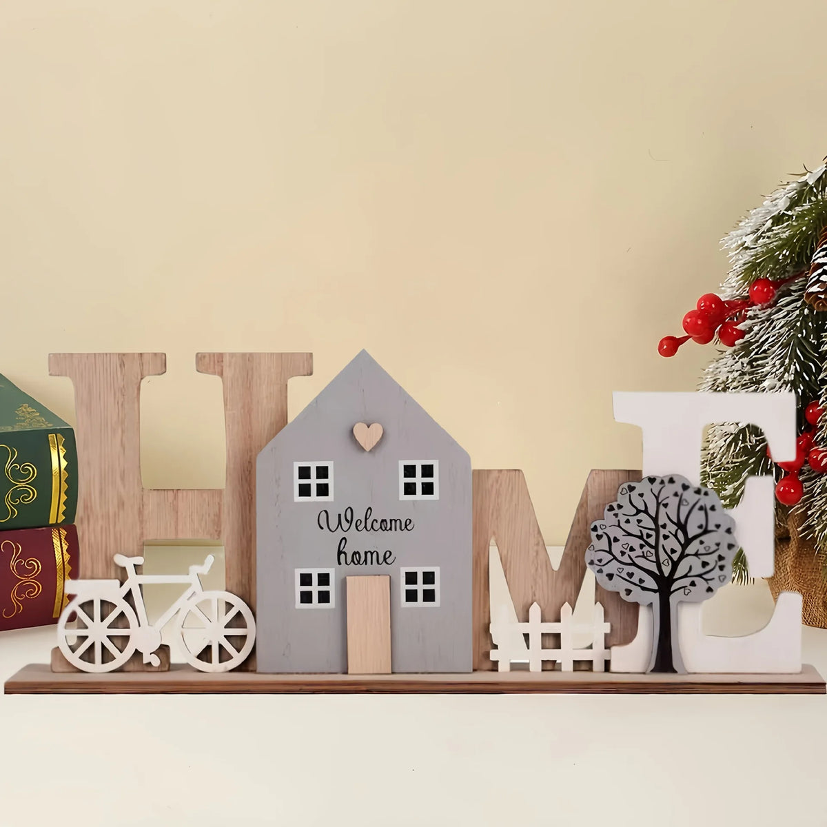 Wooden HOME Ornament with Cute House Bicycle & Tree