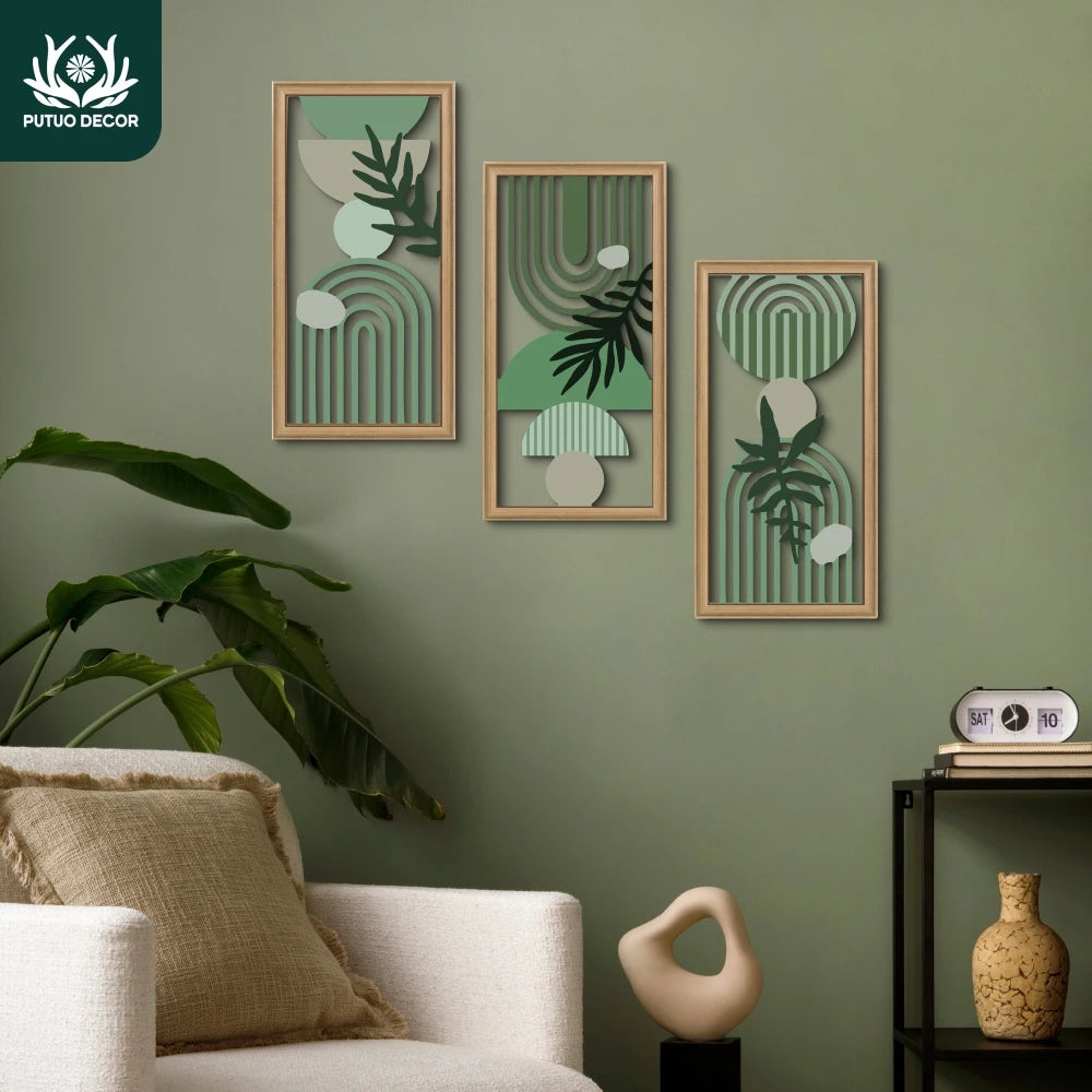 Set of 3 Hollow Carved Wood Leaf Hanging Panels