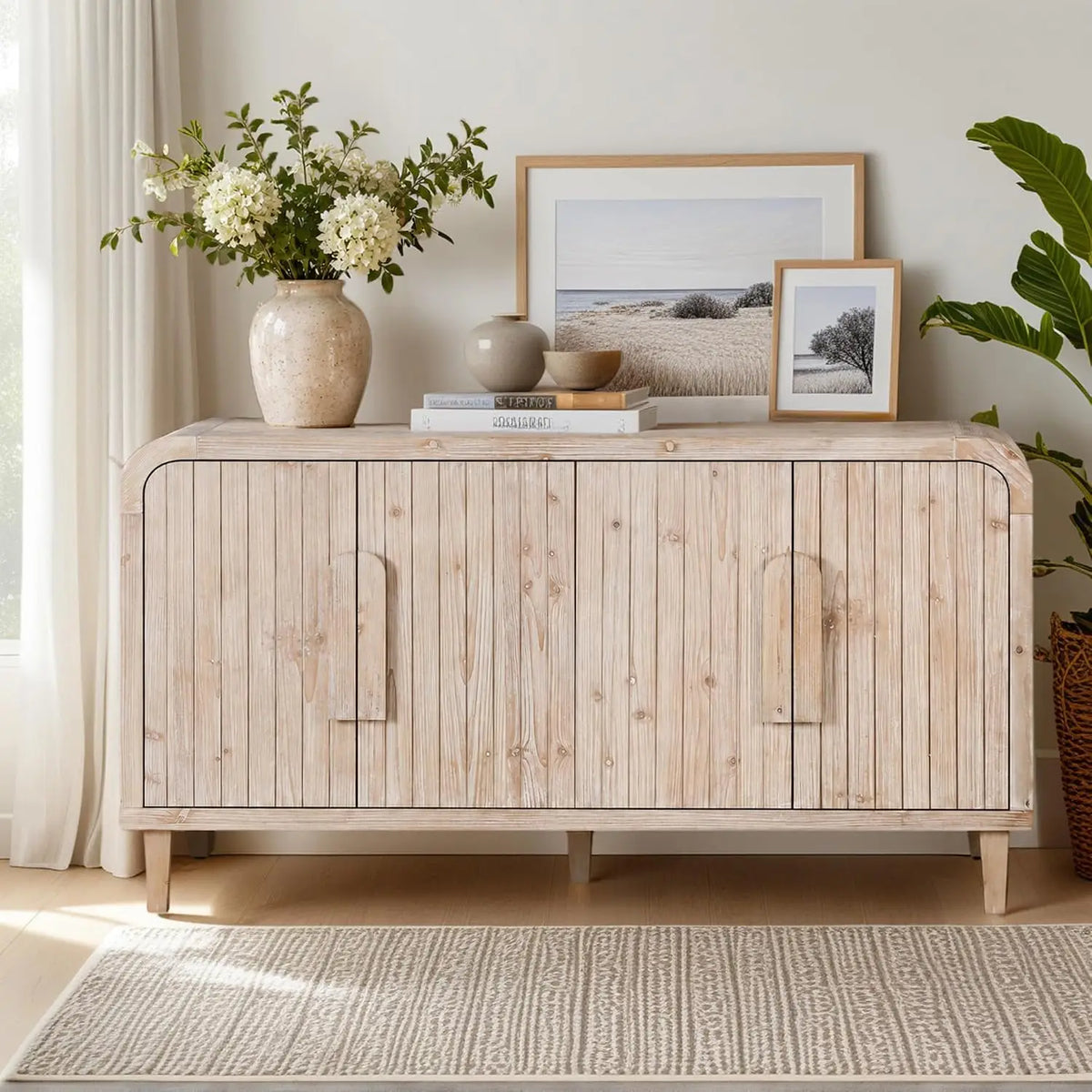Farmhouse Storage Cabinet & Sideboard with Carved Doors & Shelves