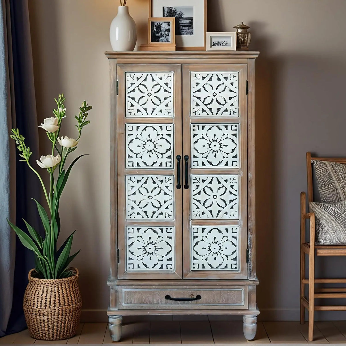 Farmhouse Storage Cabinet & Sideboard with Carved Doors & Shelves