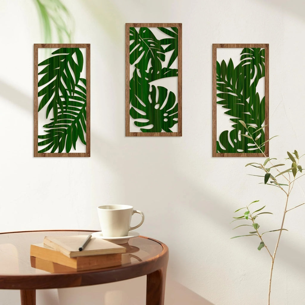 Set of 3 Hollow Carved Wood Leaf Hanging Panels