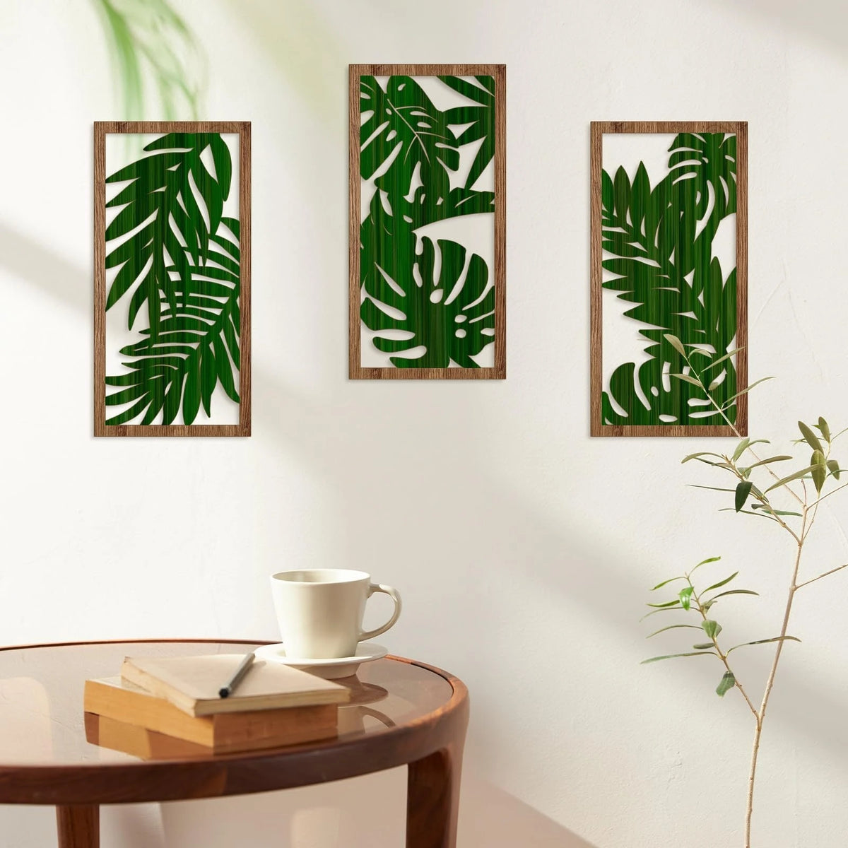 Set of 3 Hollow Carved Wood Leaf Hanging Panels